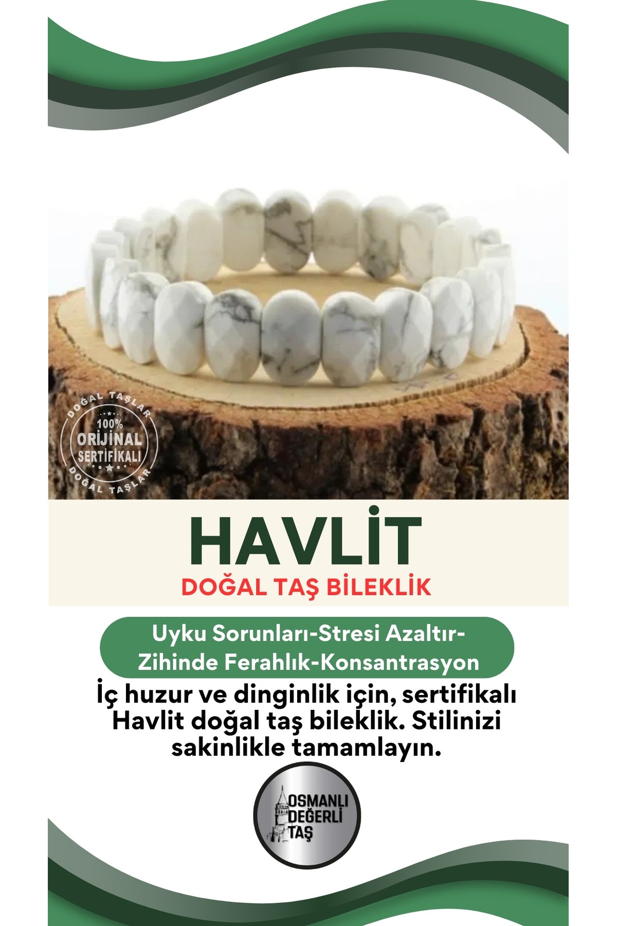 Sertifikalı Havlit Doğal Taş Bileklik B724