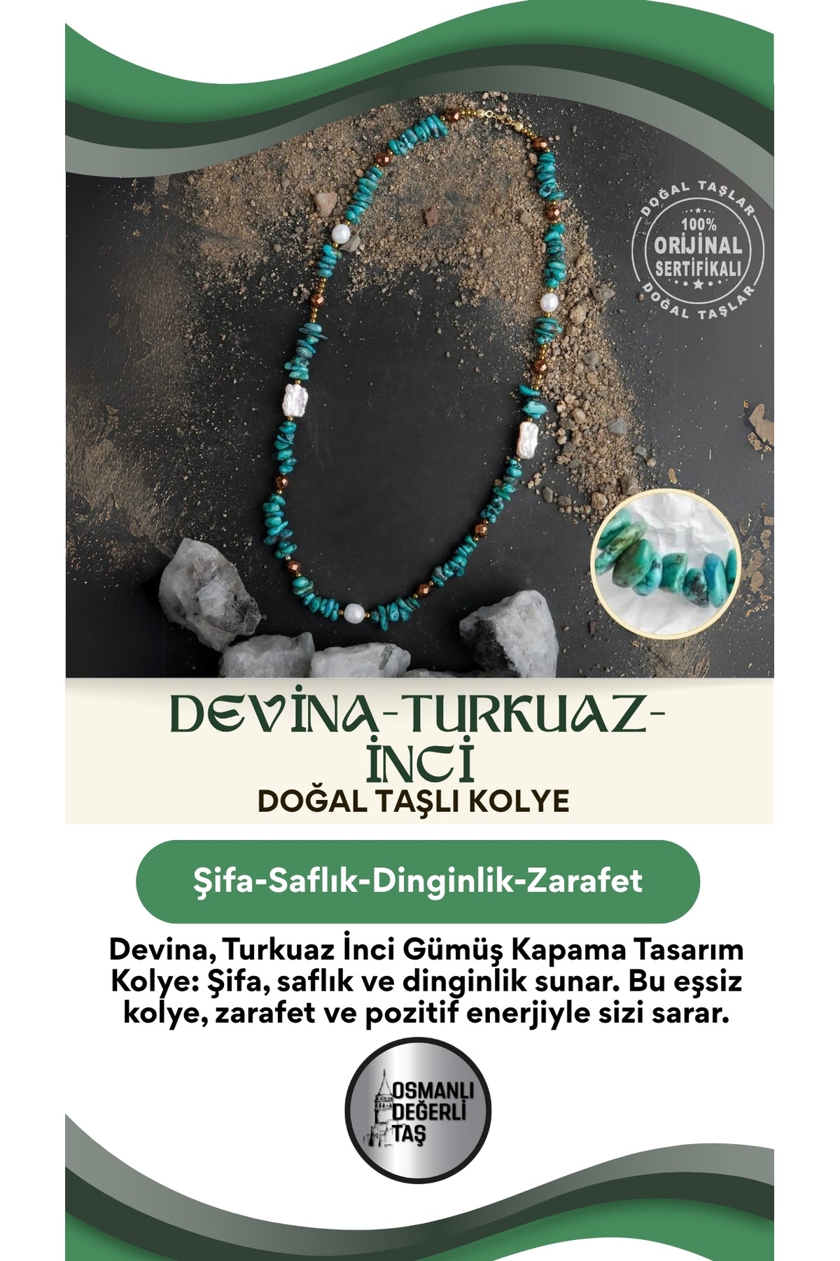 Devina, Turkuaz Inci Doğaltaş Gümüş Kapama Tasarım Kolye