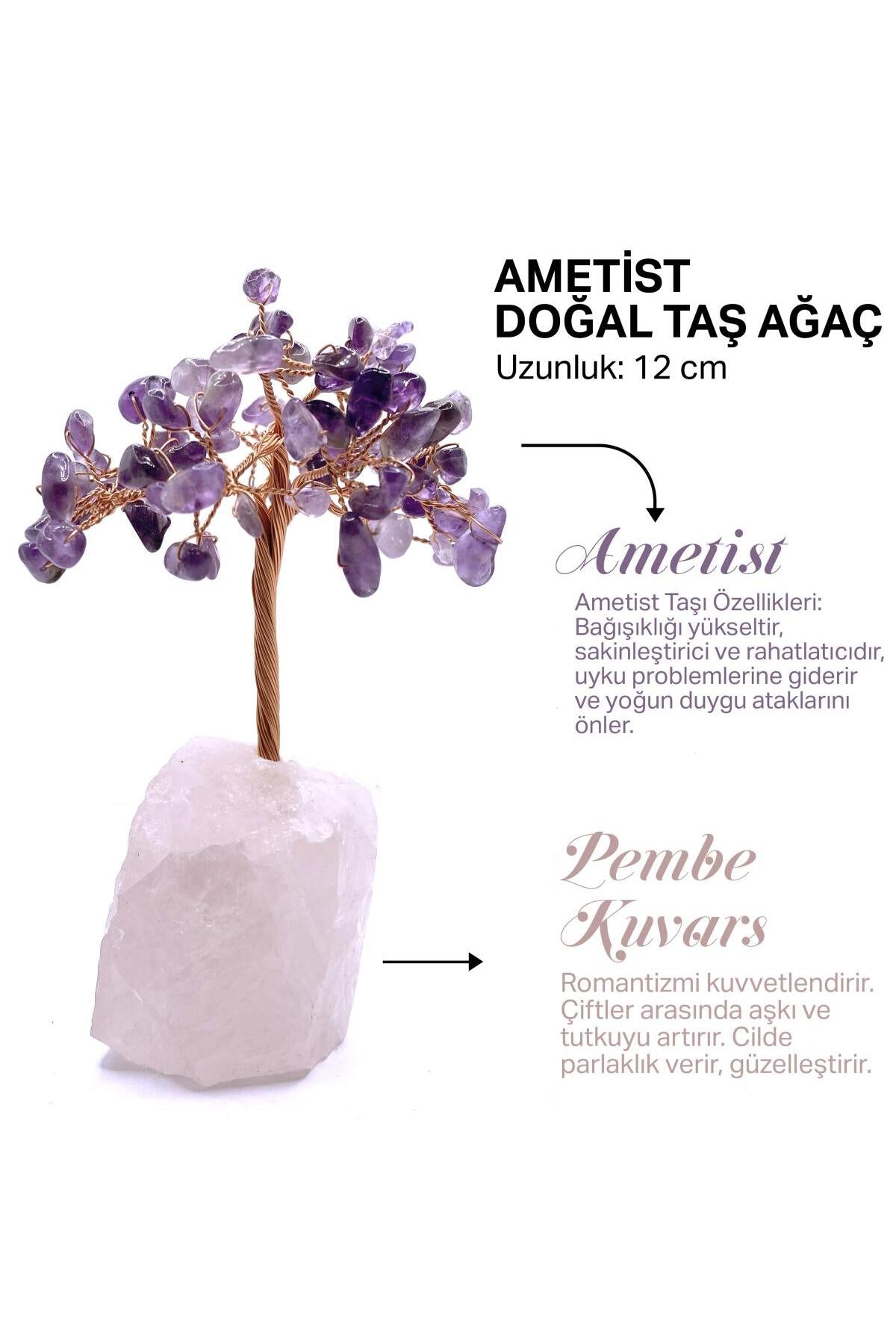 Sertifikalı Hakiki Orijinal Doğal Taş Ametist Ağaç - Alt Kısmı Pembe Kuvars