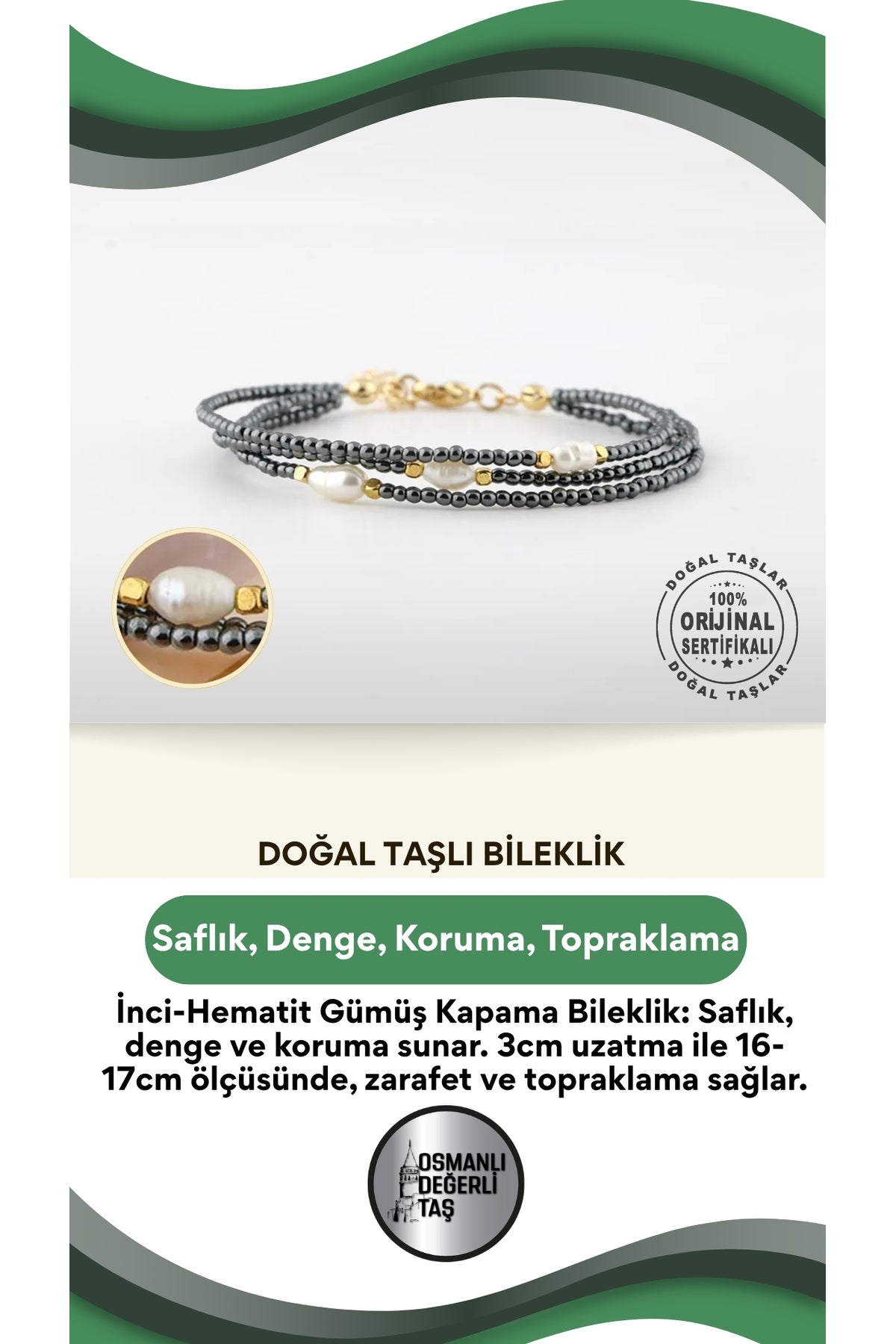Inci-hematit Doğal Taş Gümüş Kapama Bileklik (3CM UZATMA İLE BİRLİKTE) - 16-17cm