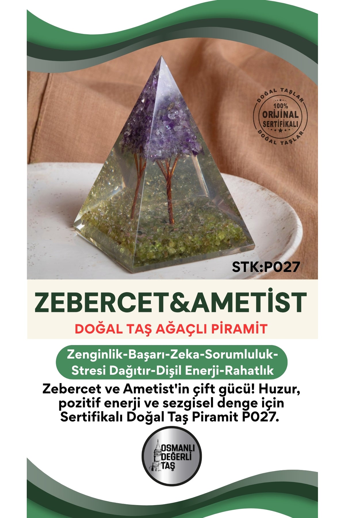 Sertifikalı Zebercet-Ametist Doğal Taş Piramit No:1 P027
