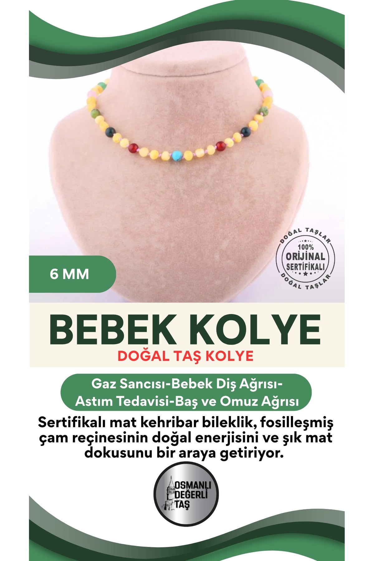 Sertifikalı Doğal Taş Bebek Kolye 6 Mm M332