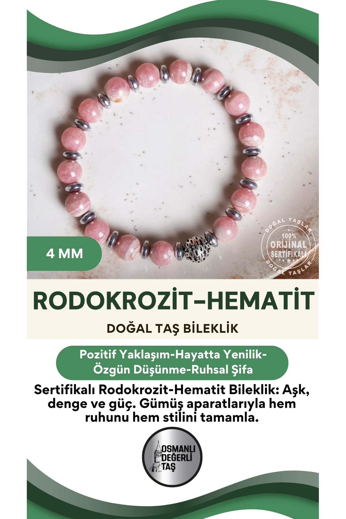 SERTİFİKALI Rodokrozit-Hematit Doğal Taş Gümüş Aparatlı Bileklik