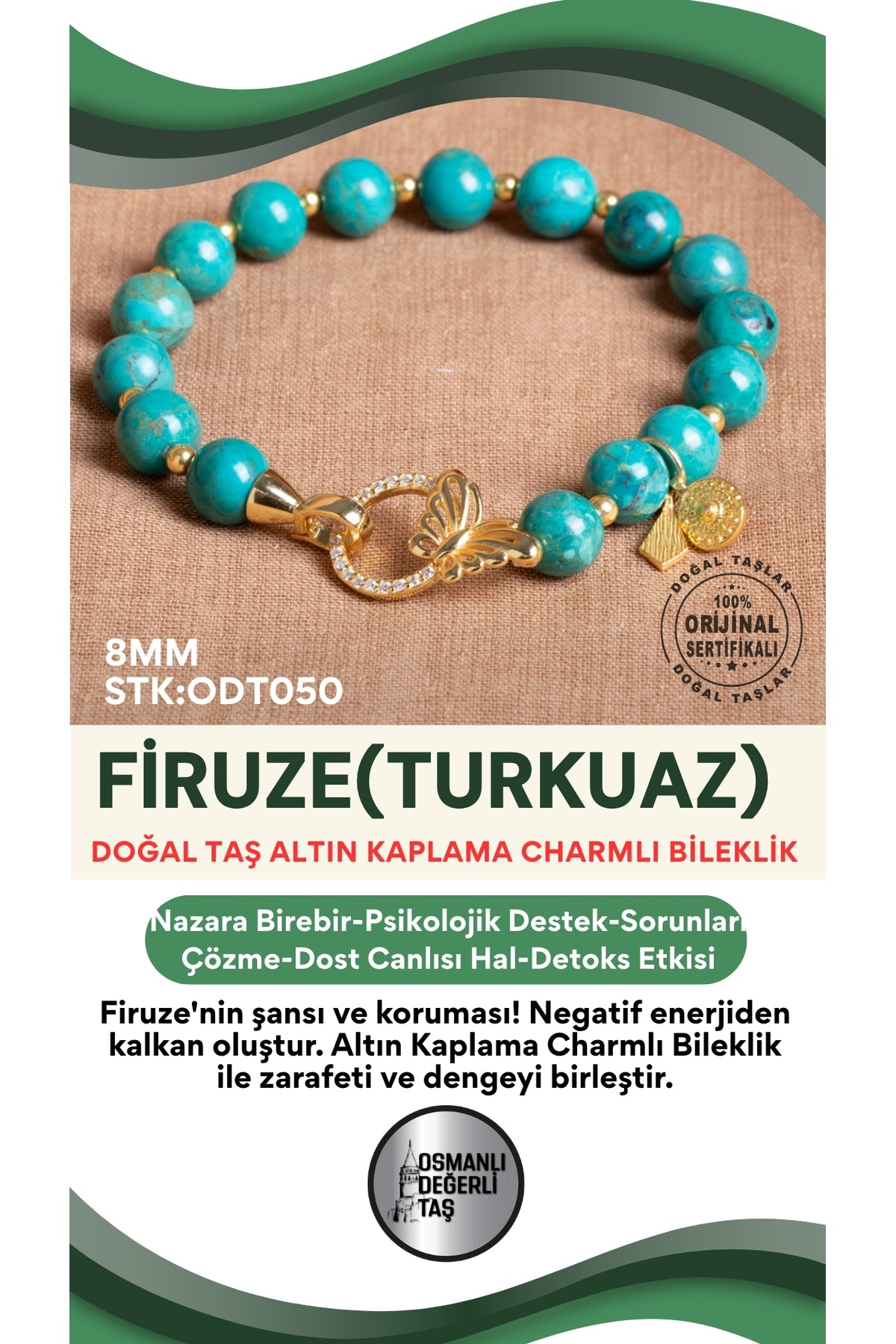 Sertifikalı Firuze(Turkuaz) Doğal Taş Altın Kaplama Charmlı Bileklik ODT050