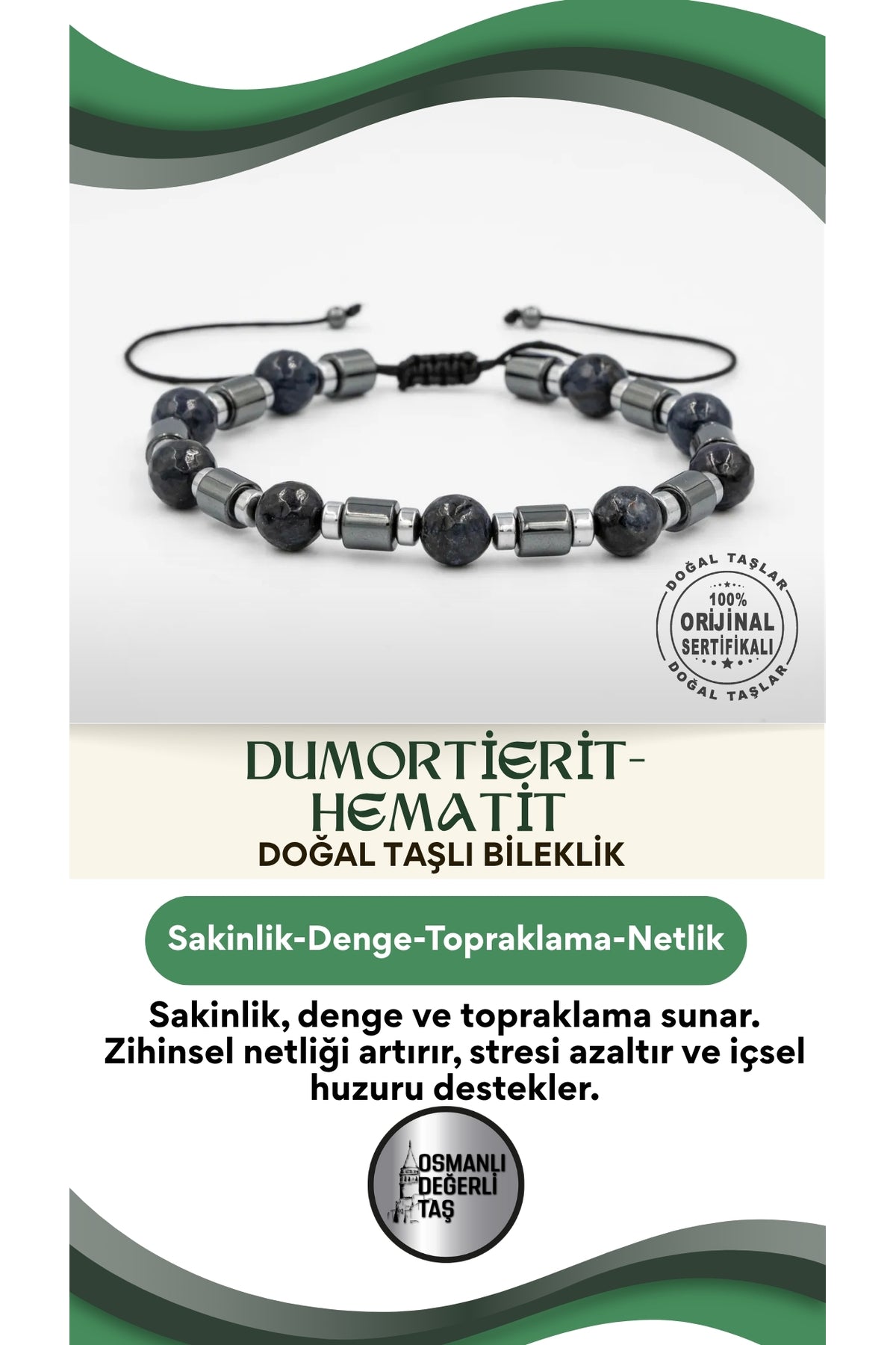 Dumortierit-hematit Doğal Taş Erkek Makrome Bileklik