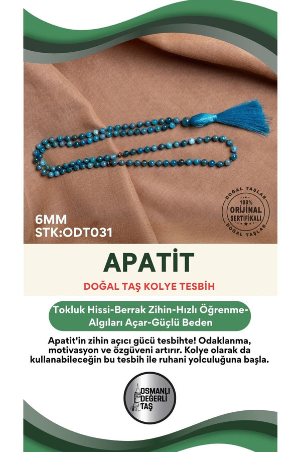 Sertifikalı Apatit Doğal Taş 6mm Kolye Tesbih ODT031