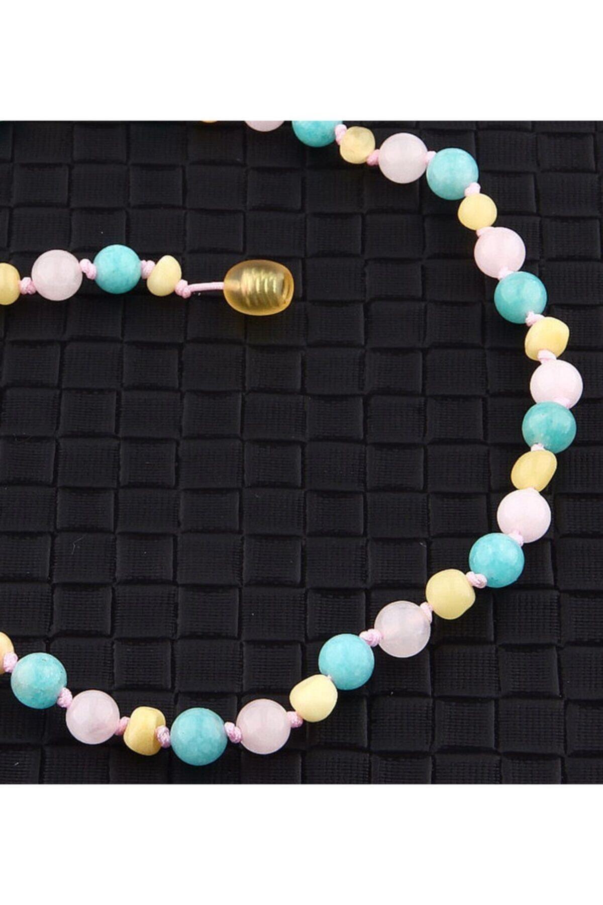 Sertifikalı Doğal Taş Bebek Kolye - Pembe Kuvars,kehribar,amazonit