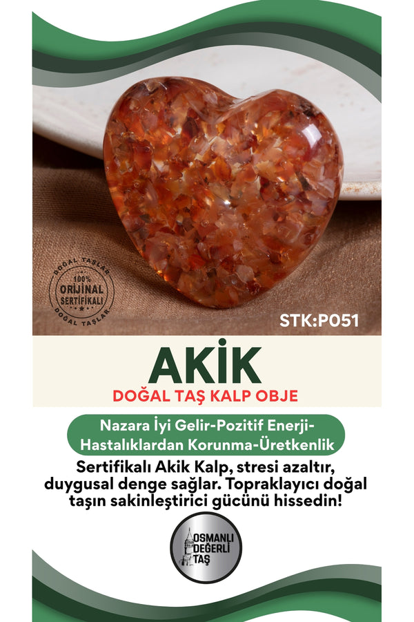 Sertifikalı Akik Doğal Taş Kalp Obje P051
