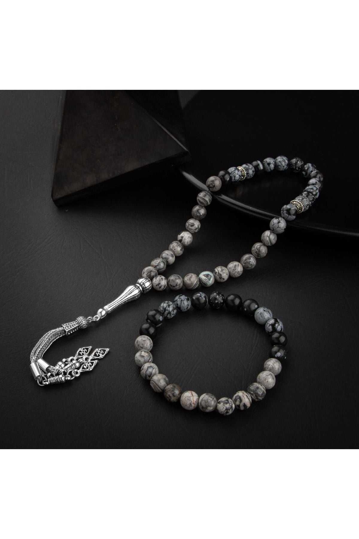 Sertifikalı Karlı Obsidyen, Gri Doğal Taşlı 33'lük Tesbih Ve Bileklik Takım