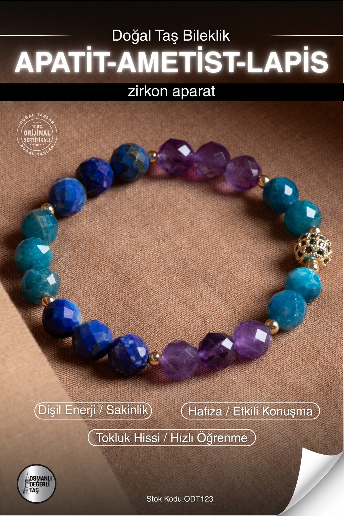 Sertifikalı APATİT-AMETİST-LAPİS Doğal Taş Zirkon Aparat Bileklik ODT123