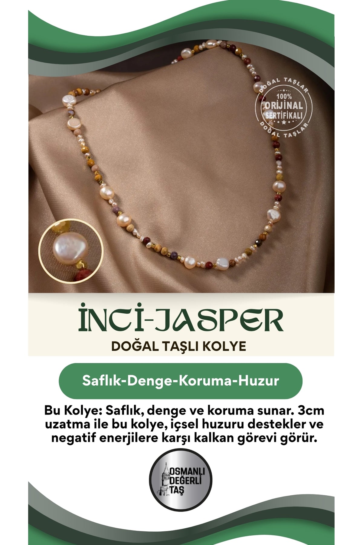 Inci-jasper Doğal Taş Gümüş Kapama Kolye (3CM UZATMA İLE BİRLİKTE)
