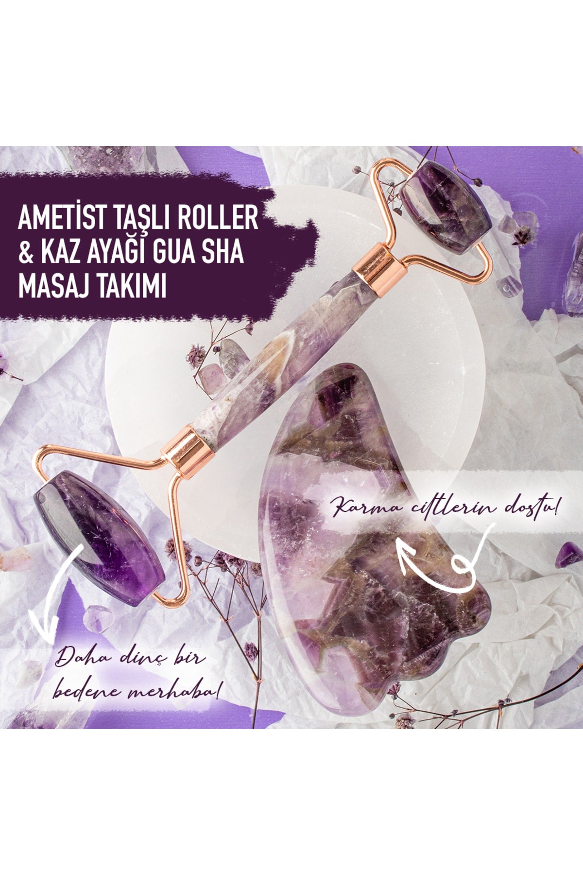 Sertifikalı Ametist Doğal Taş Roller Ve Kaz Ayağı Gua Sha Masaj Takımı Ma068