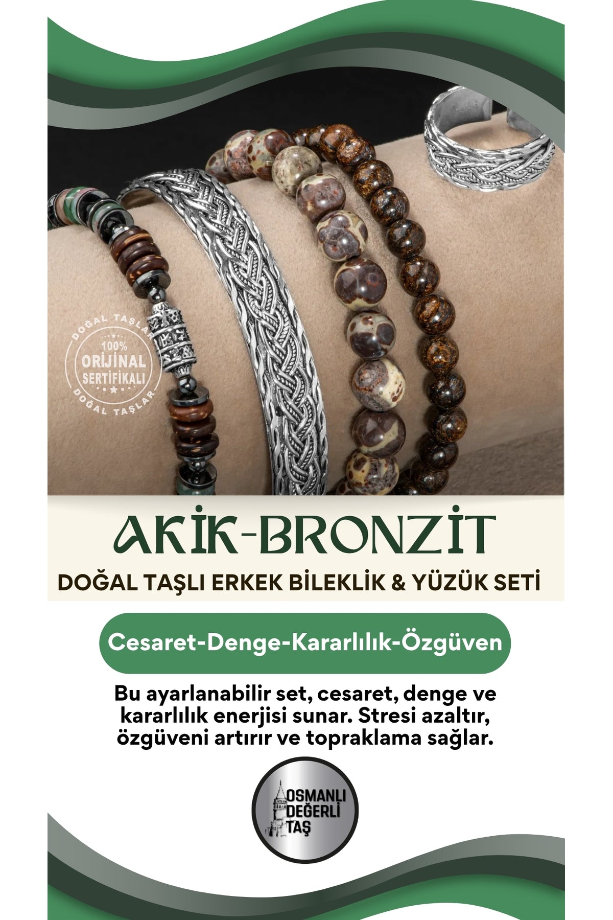 Sertifikalı 925 Ayar Gümüş Akik Bronzit Doğal Taşlı Erkek Bileklik & Yüzük Seti Ayarlanabilir Ölçü