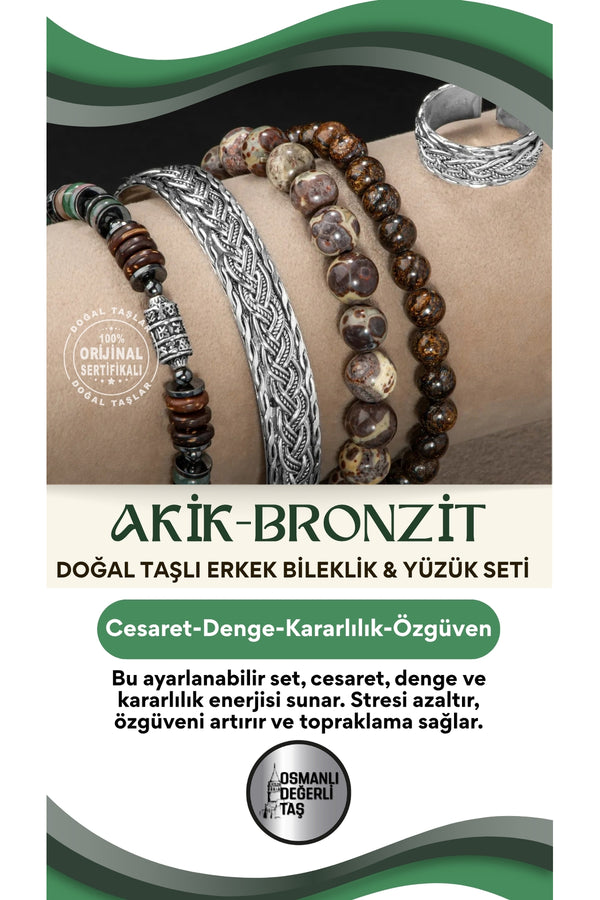 Sertifikalı 925 Ayar Gümüş Akik Bronzit Doğal Taşlı Erkek Bileklik & Yüzük Seti Ayarlanabilir Ölçü