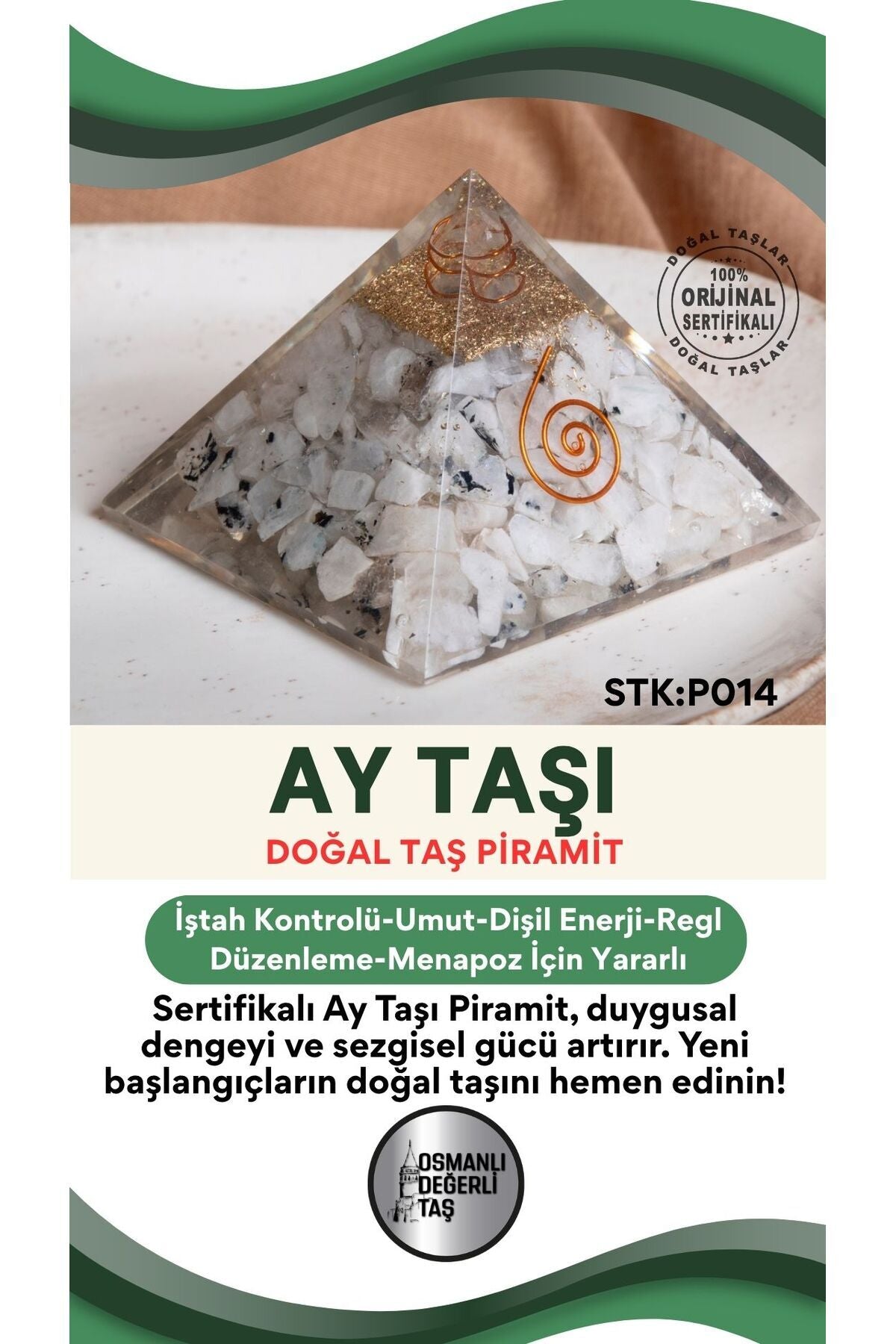 Sertifikalı Ay Taşı Doğal Taş Piramit No:2 P014
