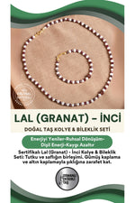 SERTİFİKALI Lal(Granat )-İnci Doğal Taş Gümüş Kapama Altın Kaplama Kolye(45cm) &Bileklik(18cm) Seti