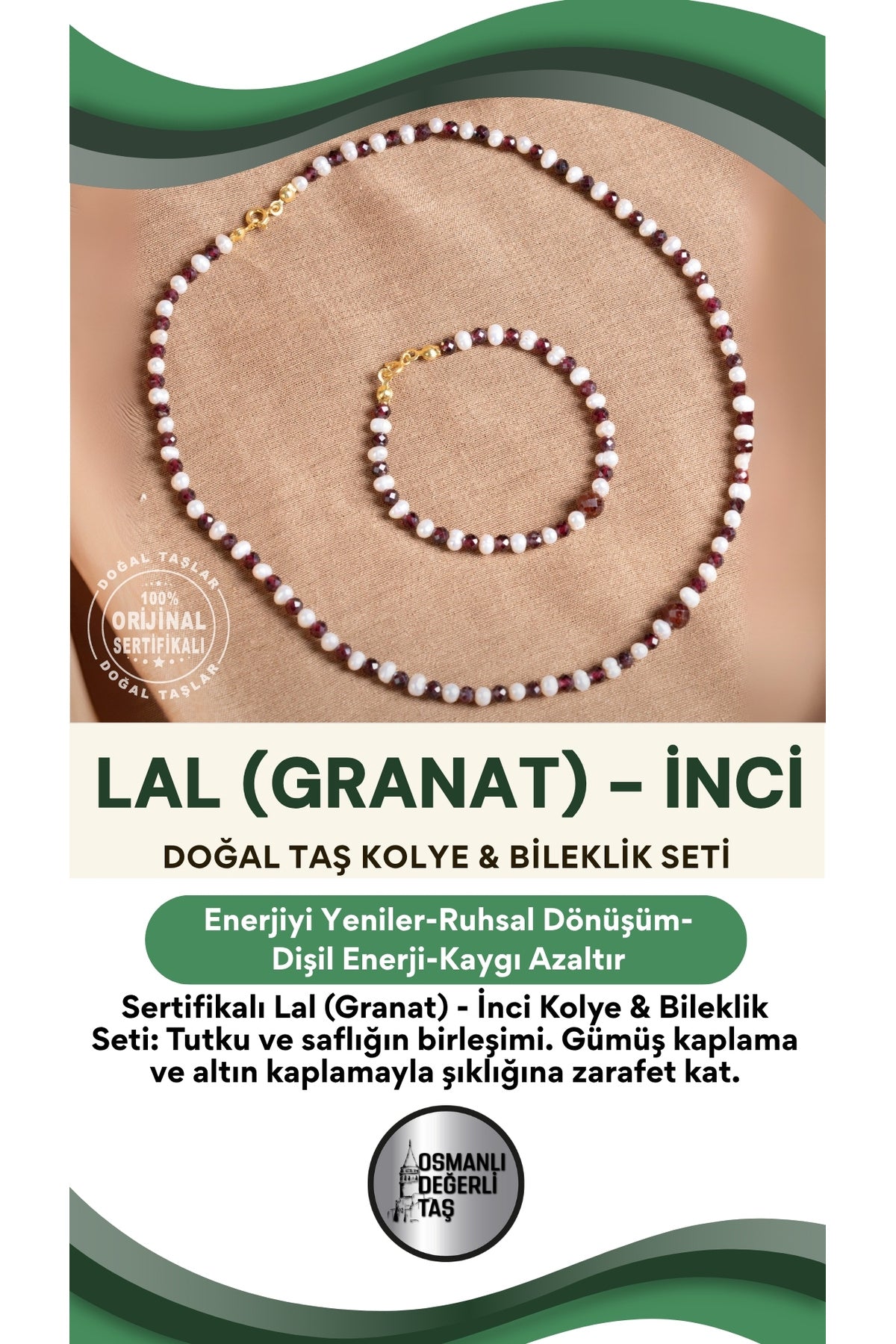 SERTİFİKALI Lal(Granat )-İnci Doğal Taş Gümüş Kapama Altın Kaplama Kolye(45cm) &Bileklik(18cm) Seti