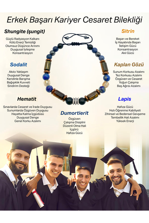 Erkek Başarı Kariyer Cesaret Bilekliği Lapis Dumortierit Sitrin Hematit Kaplan Gözü Sodalit Shungite