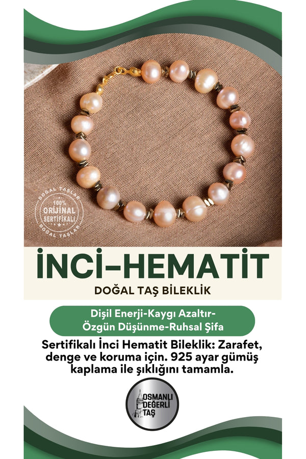 SERTİFİKALI İnci Hematit Doğal Taş Bileklik (925 ayar gümüş kaplama)