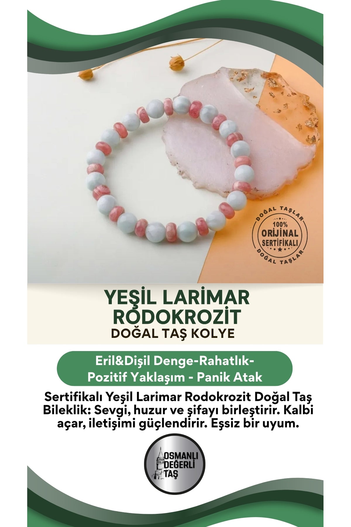 Sertifikalı Yeşil Larimar Rodokrozit Doğal Taş Bileklik