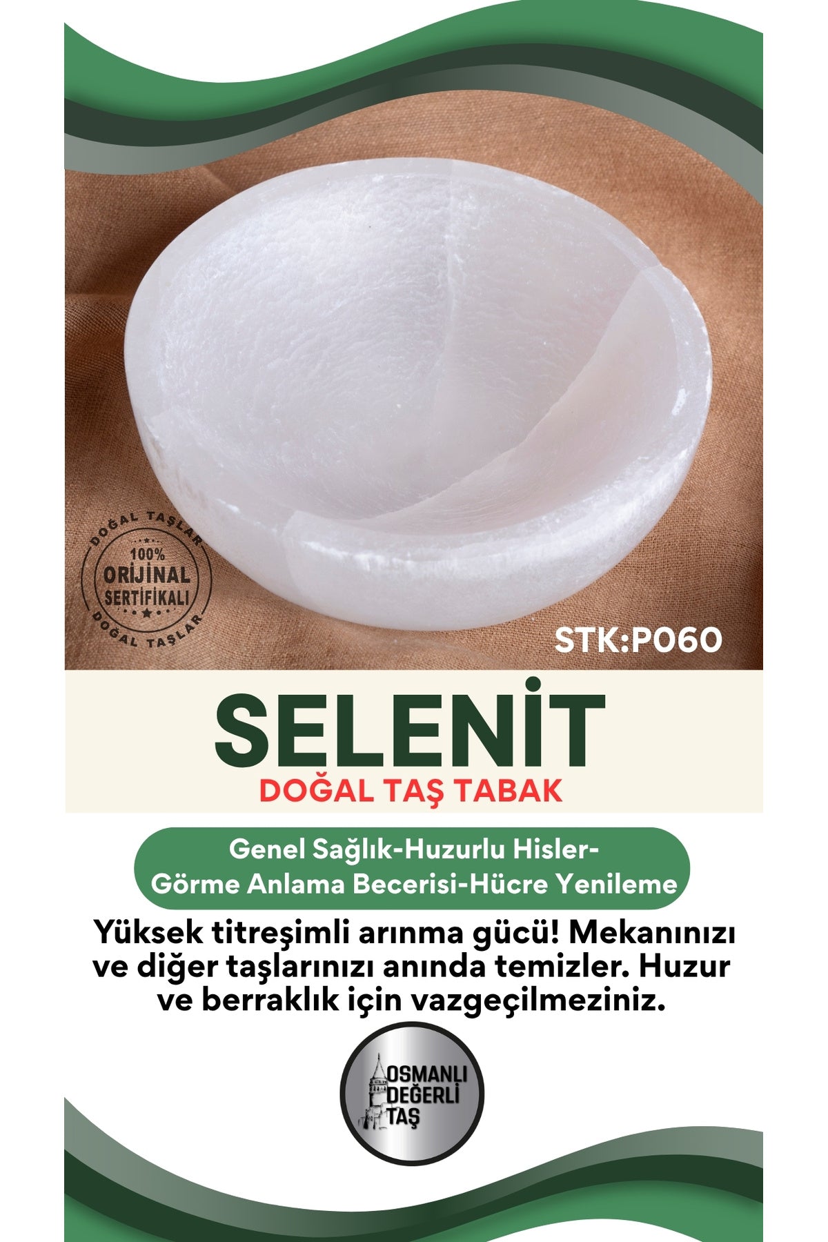 Sertifikalı Selenit Doğal Taş Yuvarlak Tabak No:1 P060