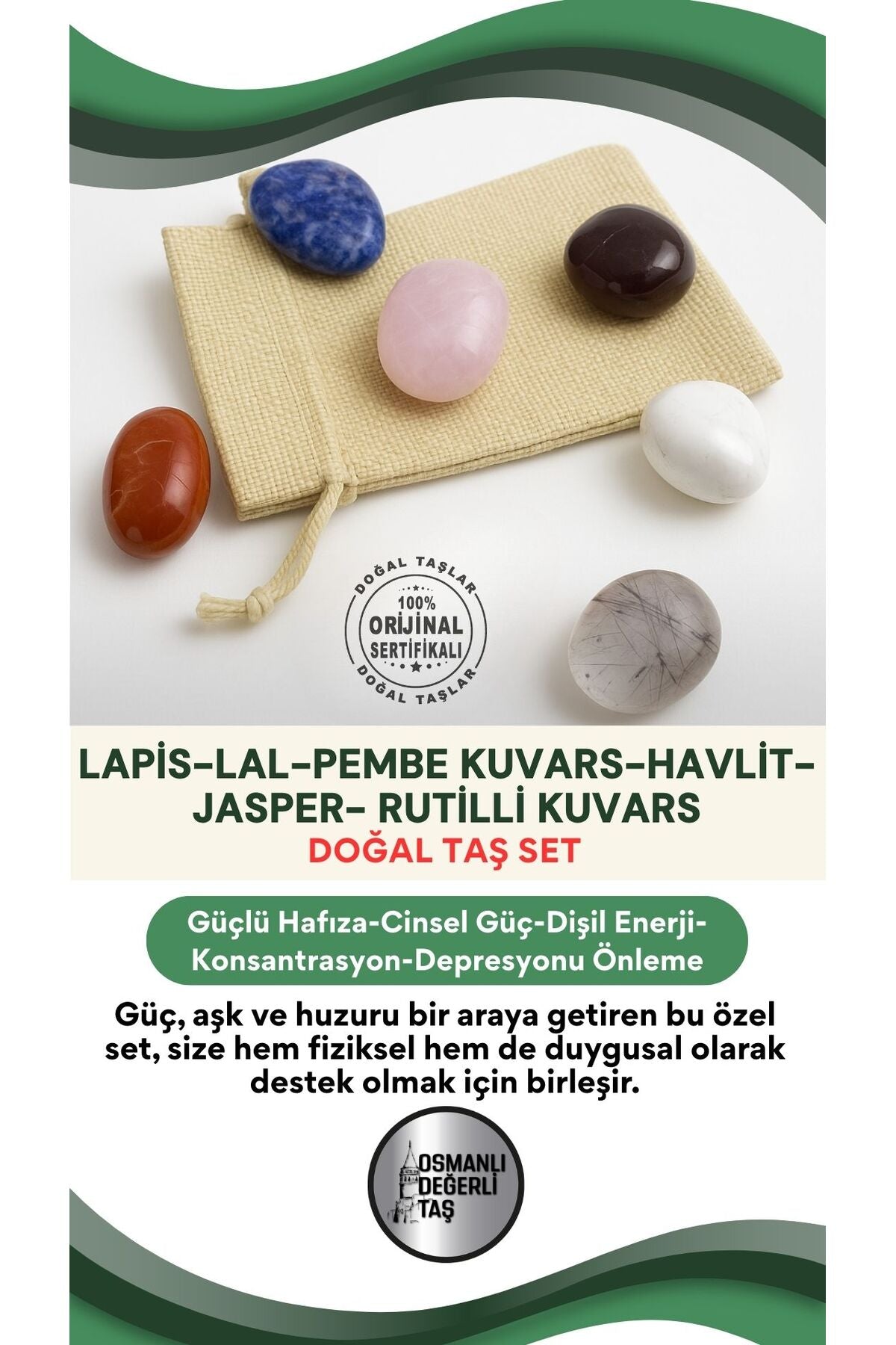 Sertifikalı Lapis-lal(Granat)-pembe Kuvars-havlit-jasper- Rutilli Kuvars Set Taşlar