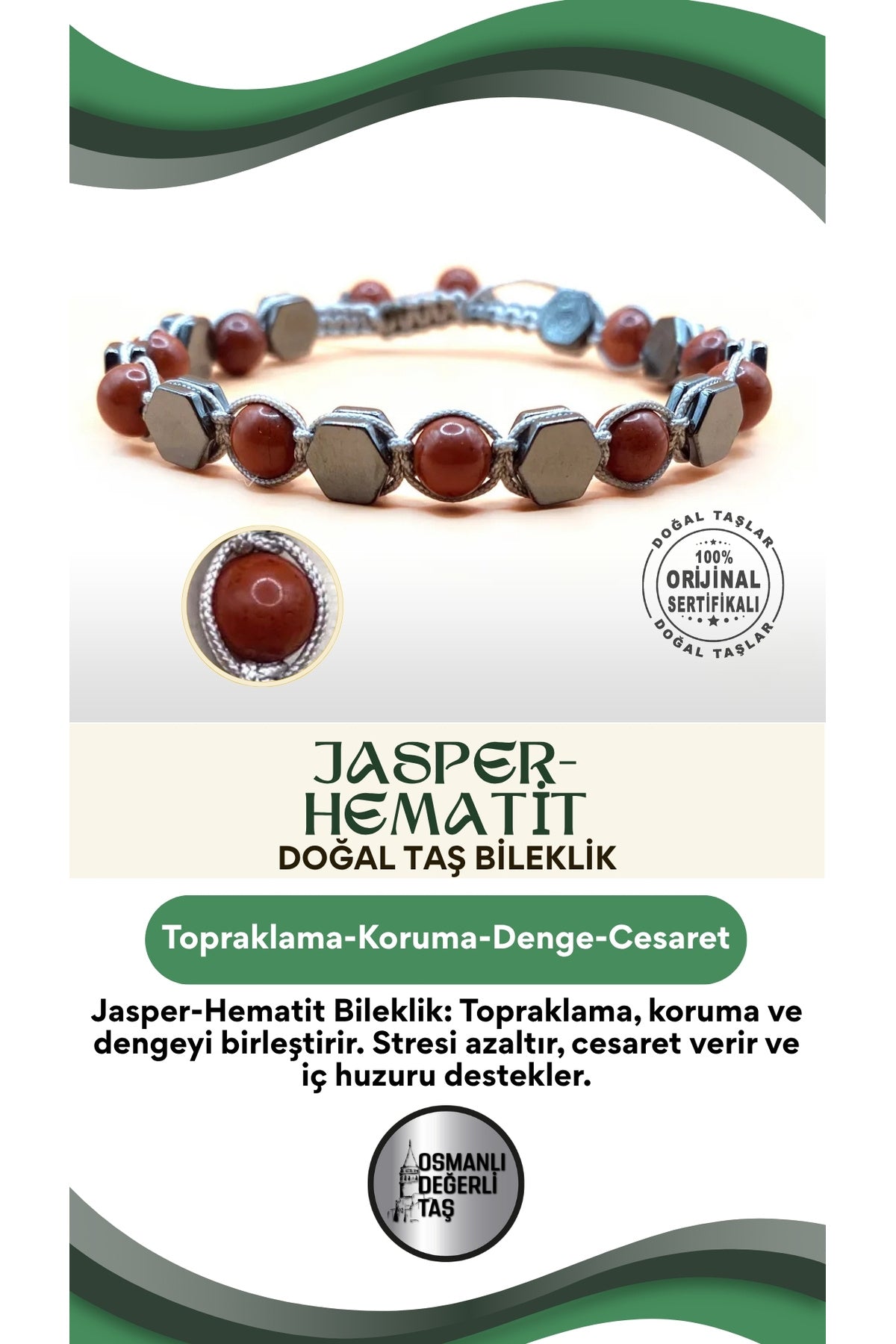 Jasper-Hematit Doğal Taş Bileklik Taş Üzeri İpli Model