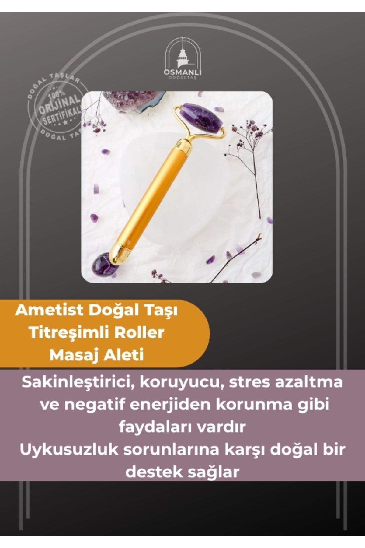 Sertifikalı Ametist Doğal Taşı Titreşimli Roller Masaj Aleti - 15 X 6 Cm Ma018
