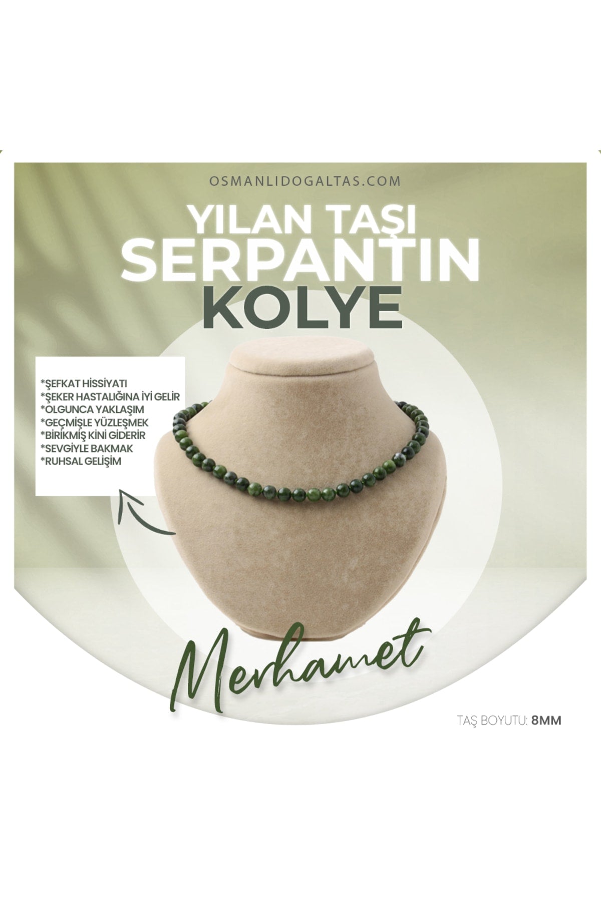 Sertifikalı Serpantin Doğaltaş Kolye 8 Mm, M545