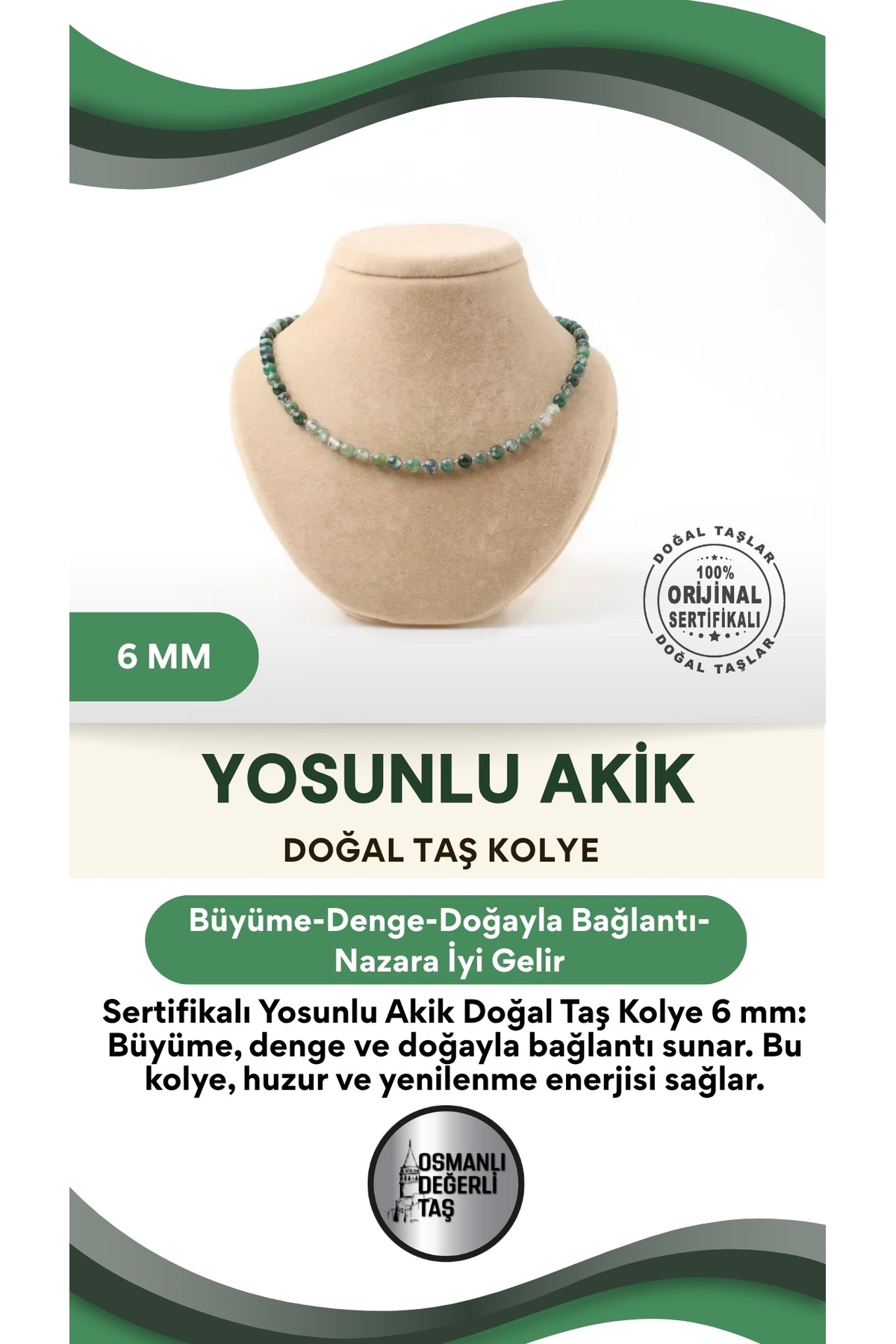 Sertifikalı Yosunlu Akik Doğaltaş Kolye 6 Mm, M603