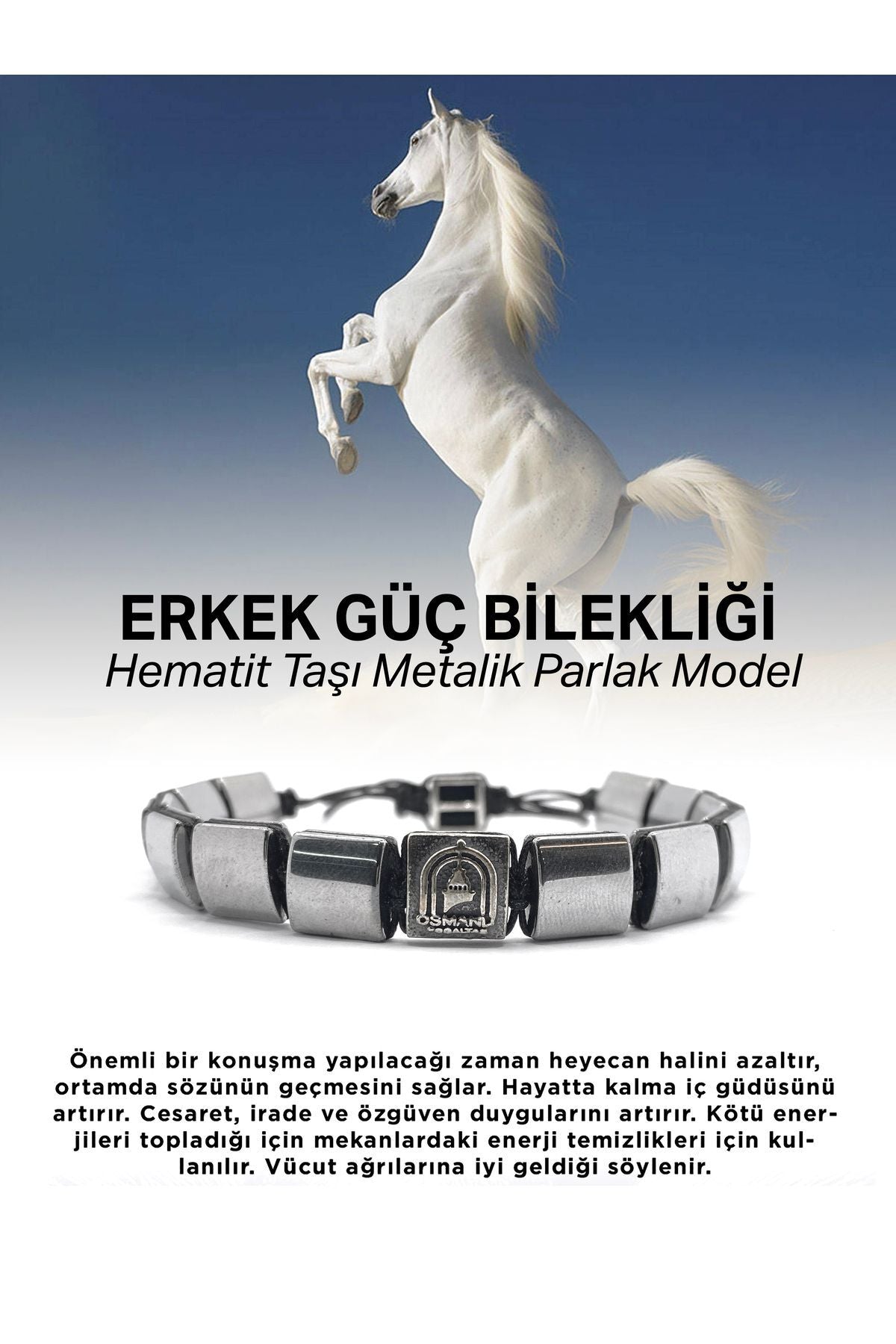 Hematit Gümüş Kaplama Doğal Taş Erkek Bilekliği Parlak Model