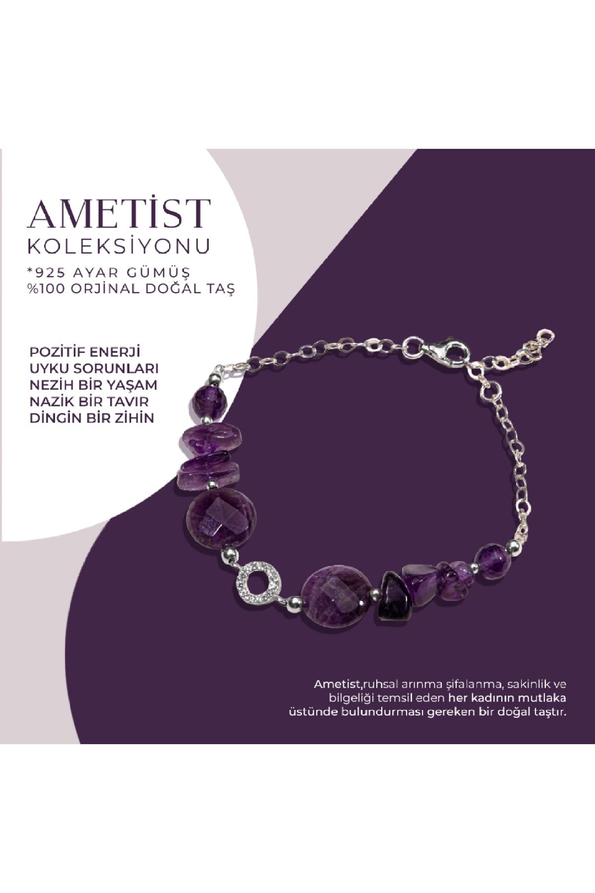 Sertifikalı Ametist Doğal Taşlı Tasarım Gümüş Bileklik