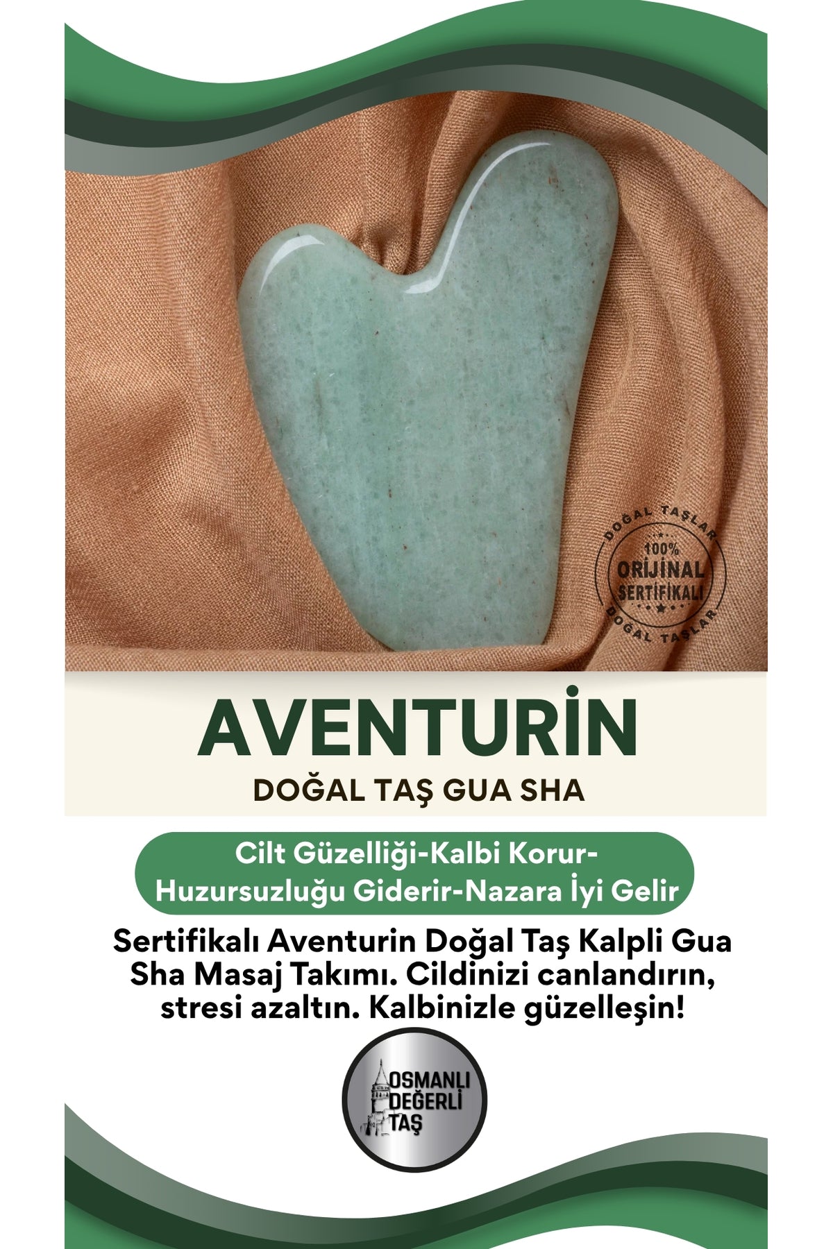 Sertifikalı Aventurin Doğal Taş Kalpli Gua Sha Masaj Takımı Ma030