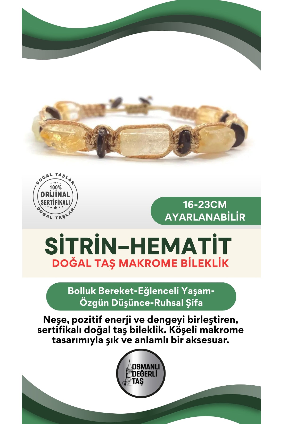 Sertifikalı Hakiki Orijinal Sitrin - Hematit  Doğal Taş İpli Bileklik (Köşeli Makrome Model)