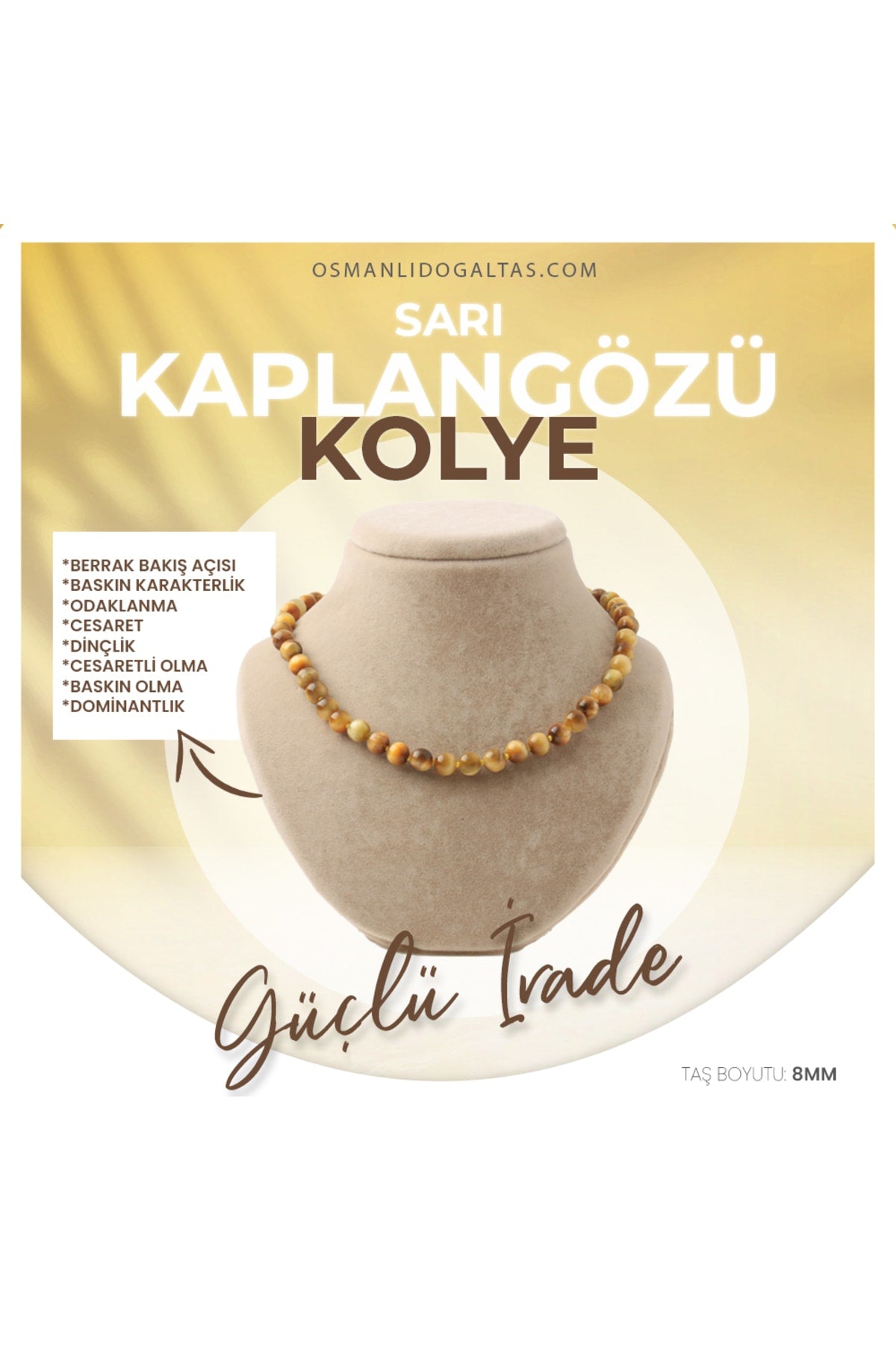 Sertifikalı Sarı Kaplan Gözü Doğaltaş Kolye 8 Mm, M541