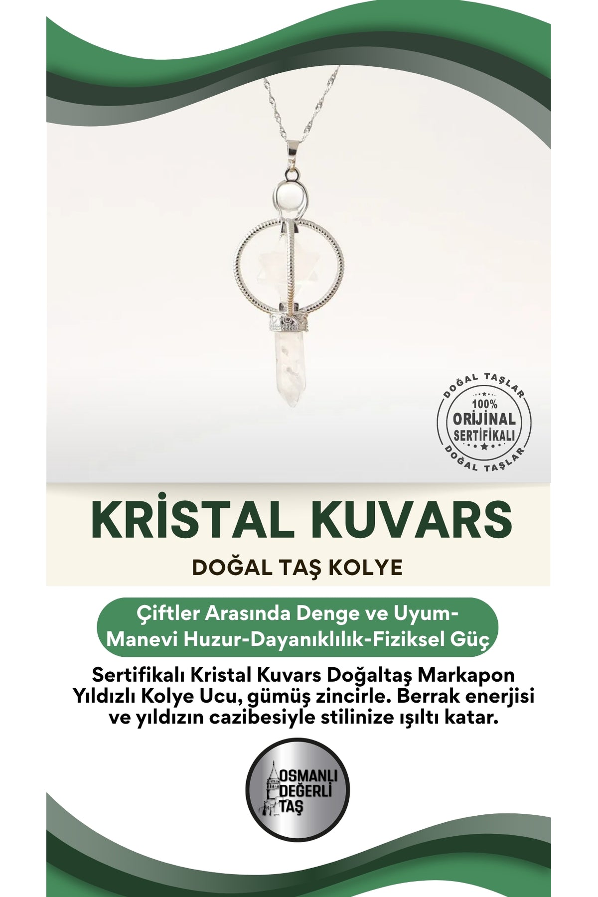 Sertifikalı Kristal Kuvars Doğaltaş Markapon Yıldızlı Kolye Ucu, Gümüş Zincirle Birlikte Ku005