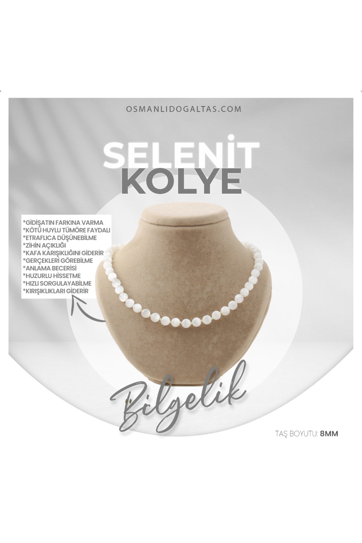 Sertifikalı Selenit Doğaltaş Kolye 8 Mm, M544