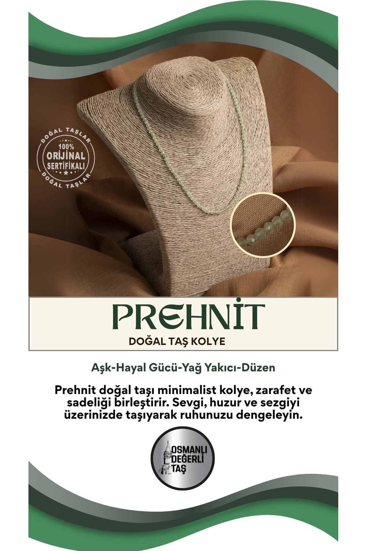Sertifikalı Prehnit Doğal Taşı Minimal Tasarım Kolye