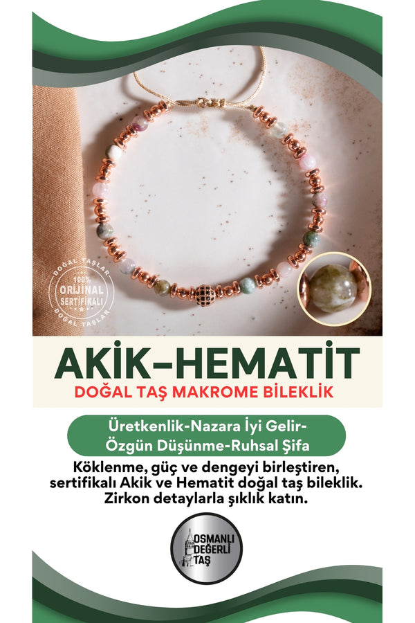 SERTİFİKALI Akik-Hematit Doğal Taş Zirkon Aparat Makrome Ayarlanabilir Bileklik