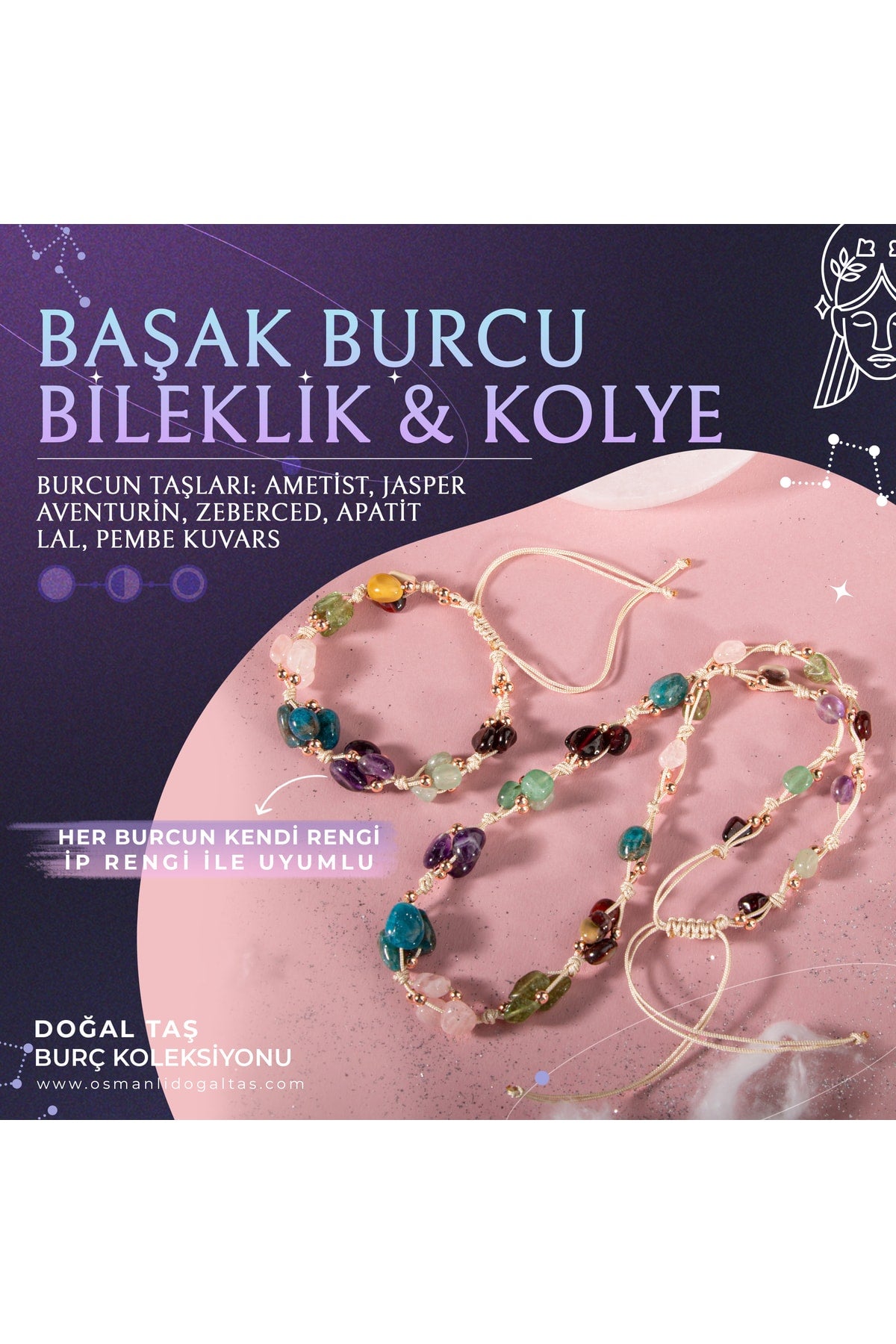 Başak Burcu Doğal Taş Natürel Makrome Kolye Bileklik Seti