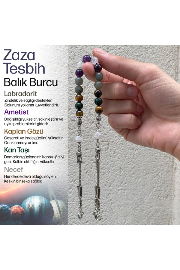 Balık Burcu Zaza Tesbih Doğal Taş Ametist, Kan Taşı, Kaplan Gözü, Labradorit, Necef