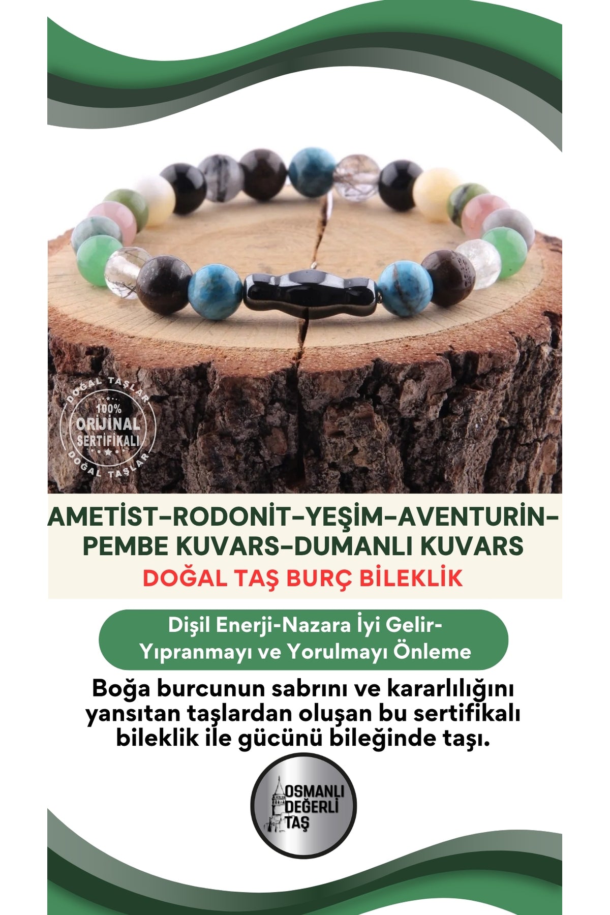 Sertifikalı Boğa Burcu Bileklik Ametist-rodonit-yeşim-aventurin-pembe Kuvars-dumanlı Kuvars