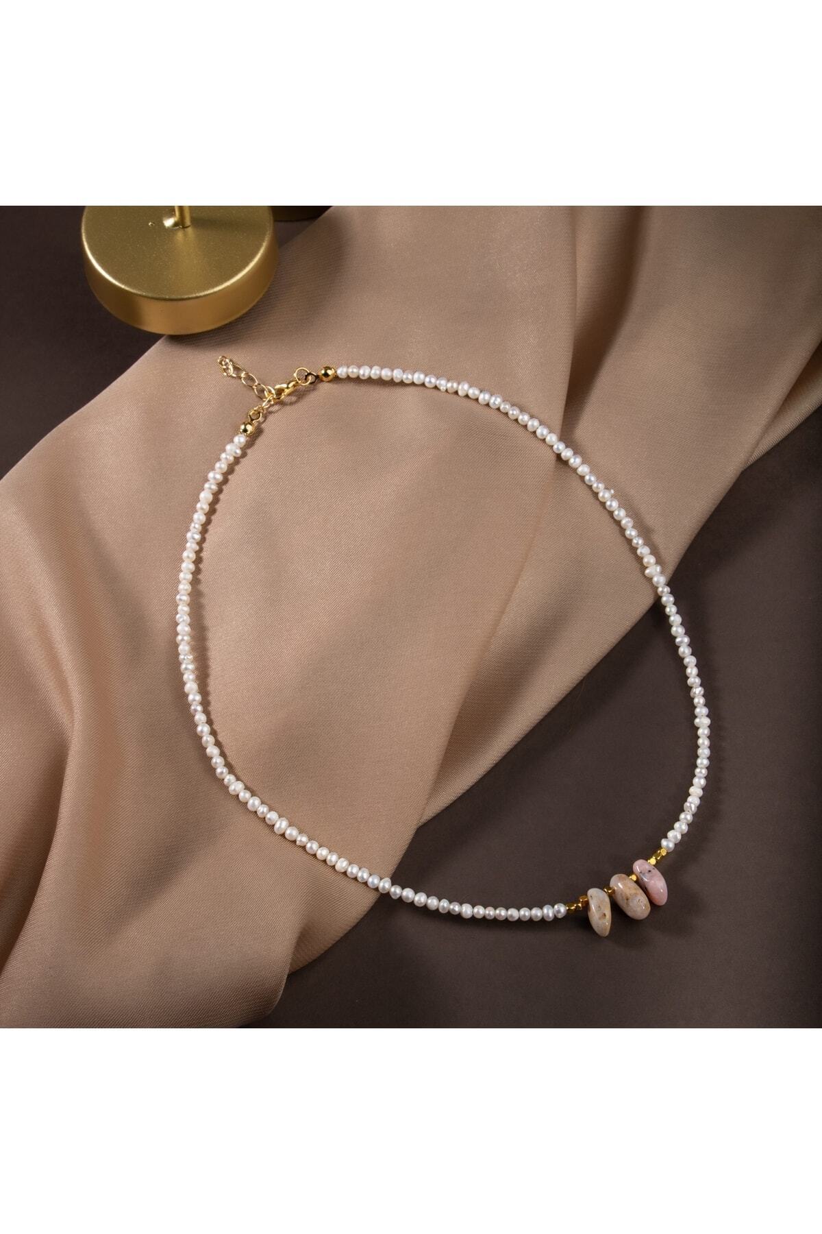 Inci-pembe Opal Doğal Taş Gümüş Kolye