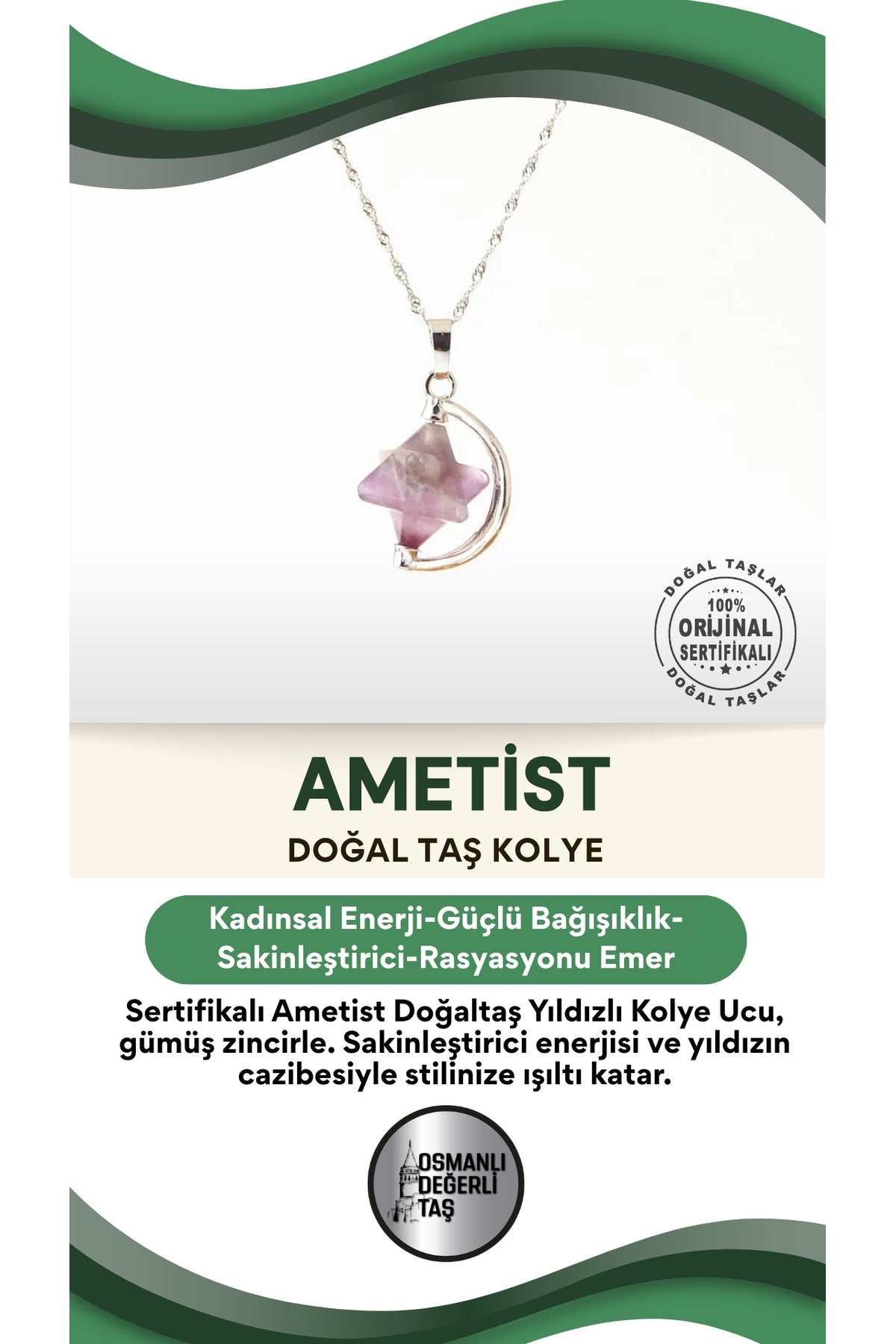 Sertifikalı Ametist Doğaltaş Yıldızlı Kolye Ucu, Gümüş Zincirle Birlikte Ku019