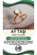 SERTİFİKALI Ay Taşı Doğal Taş 925 Ayar Gümüş Altın Kaplama Yüzük