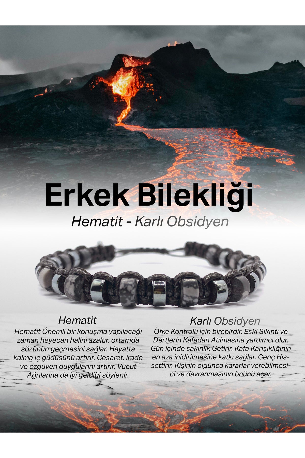 Erkek Bilekliği Orijinal Hakiki Sertifikalı Karlı Obsidyen - Hematit İpli Doğal Taş Bileklik 6mm