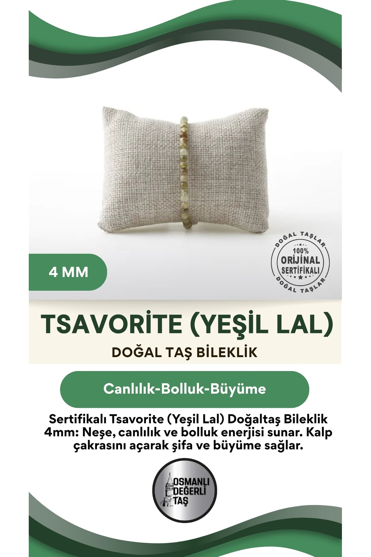 Sertifikalı Tsavorite (YEŞİL LAL) Doğaltaş Bileklik 4 Mm, B988