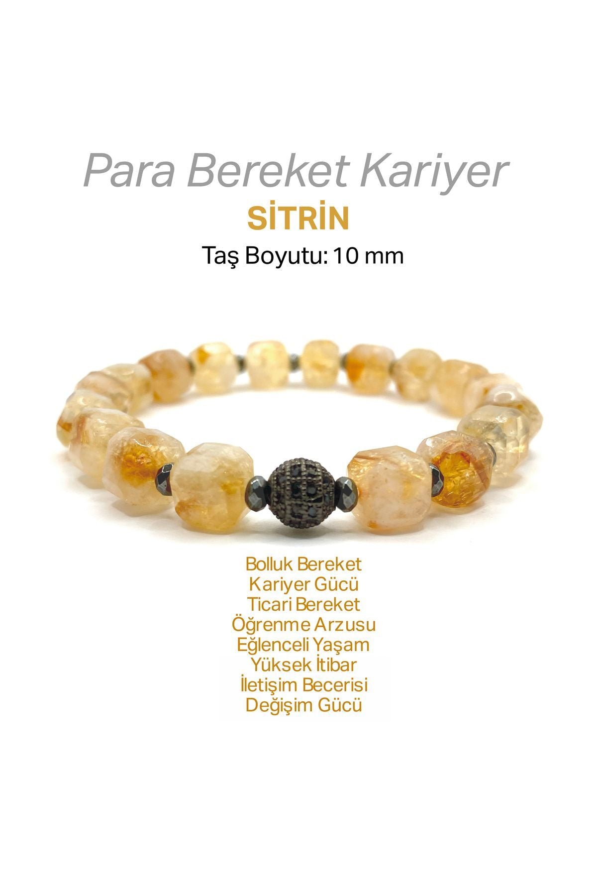 Özel Kesim Sitrin - Hematit Doğal Taş Bileklik 10mm Zirkon Aparatlı