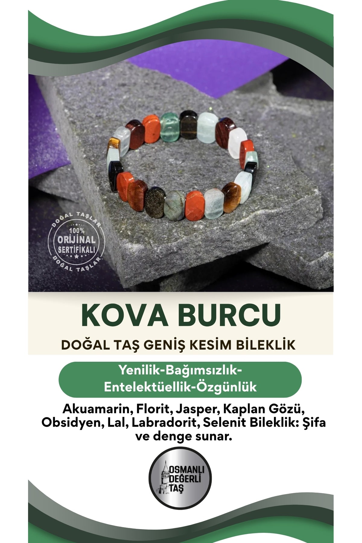 Kova Burcu Doğal Taş Geniş Kesim Bileklik