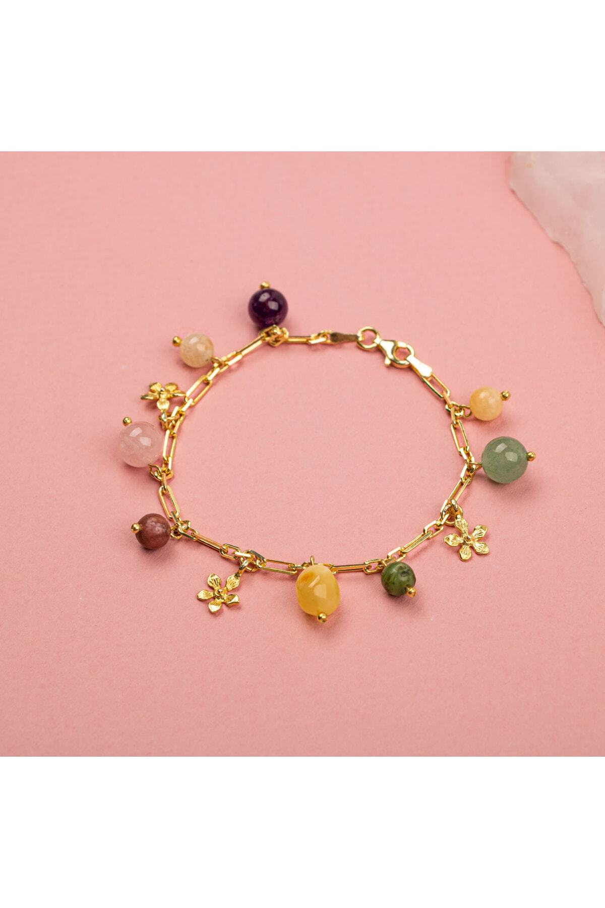 Doğal Taşlı Gümüş Charm Bileklik Kehribar, Pembe Kuvars, Aventurin, Rodonit, Sitrin, Yeşim